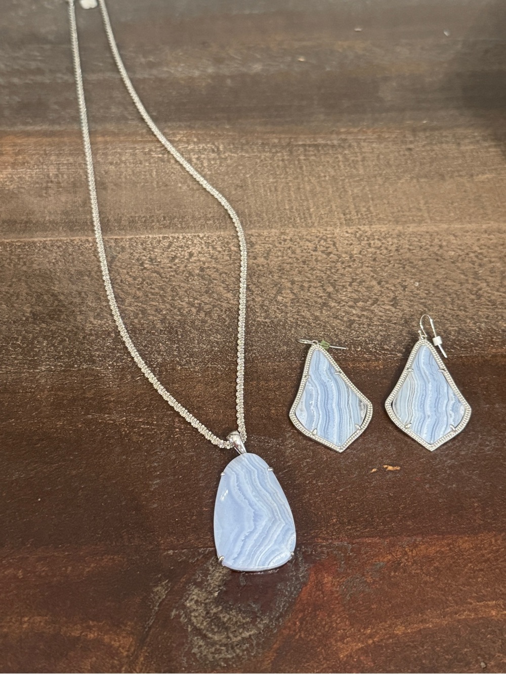 Kendra Scott Light Blue Lace Agate Pendant Necklace and Earrings Set